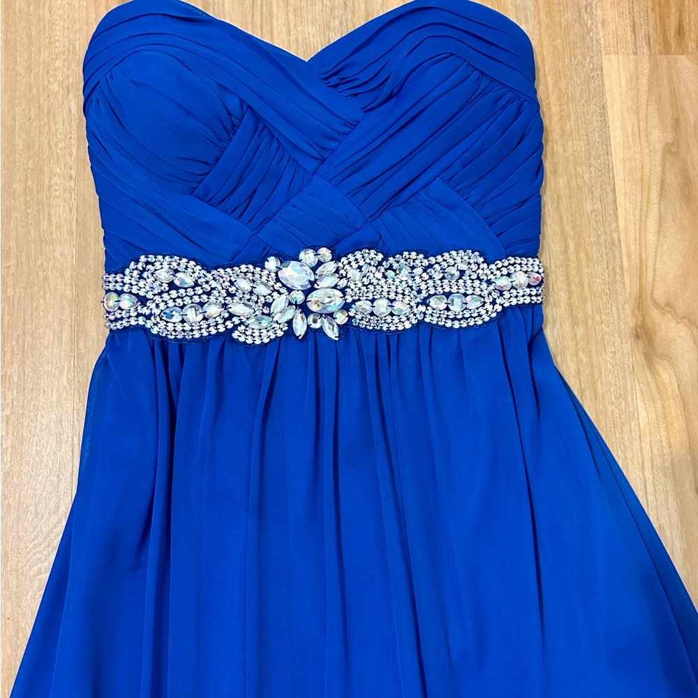 Cobalt blue high-low homecoming/party dress with pleated top and crystal detail